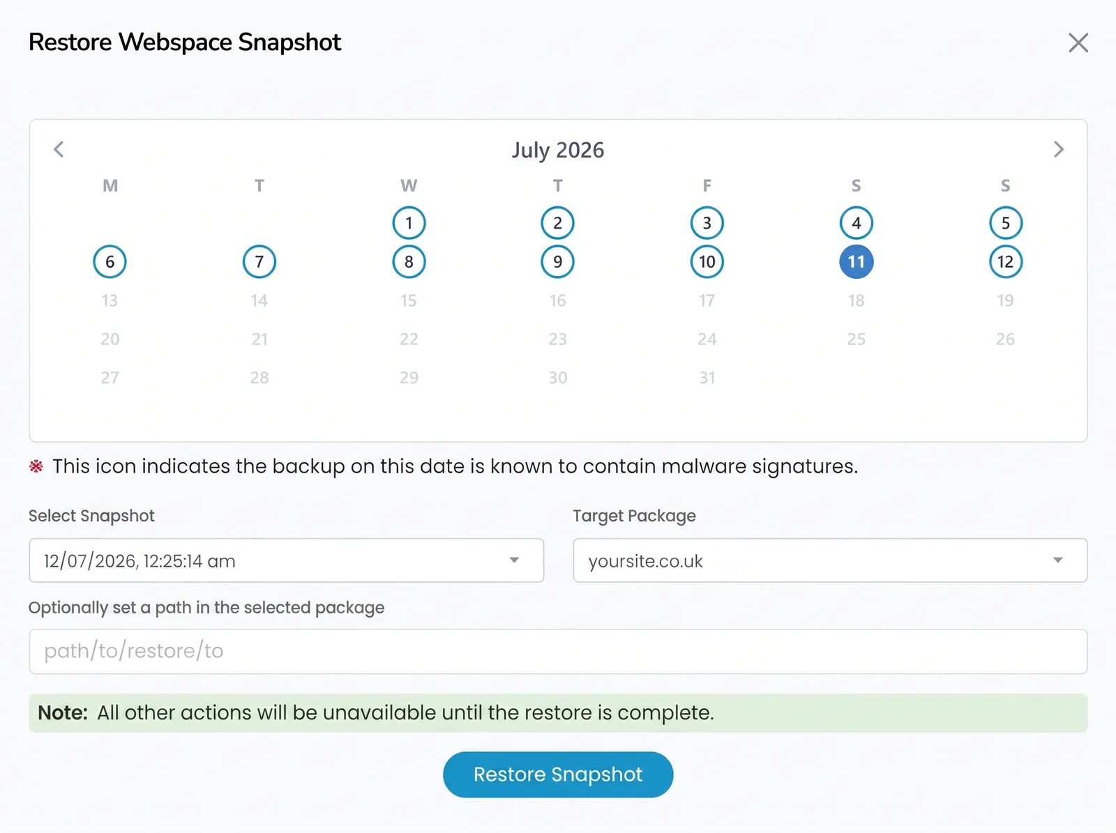 The Restore Webspace Snapshot screen: a calendar where each day with a backup is selectable, a snapshot time and target package, and a note flagging any backup known to contain malware signatures
