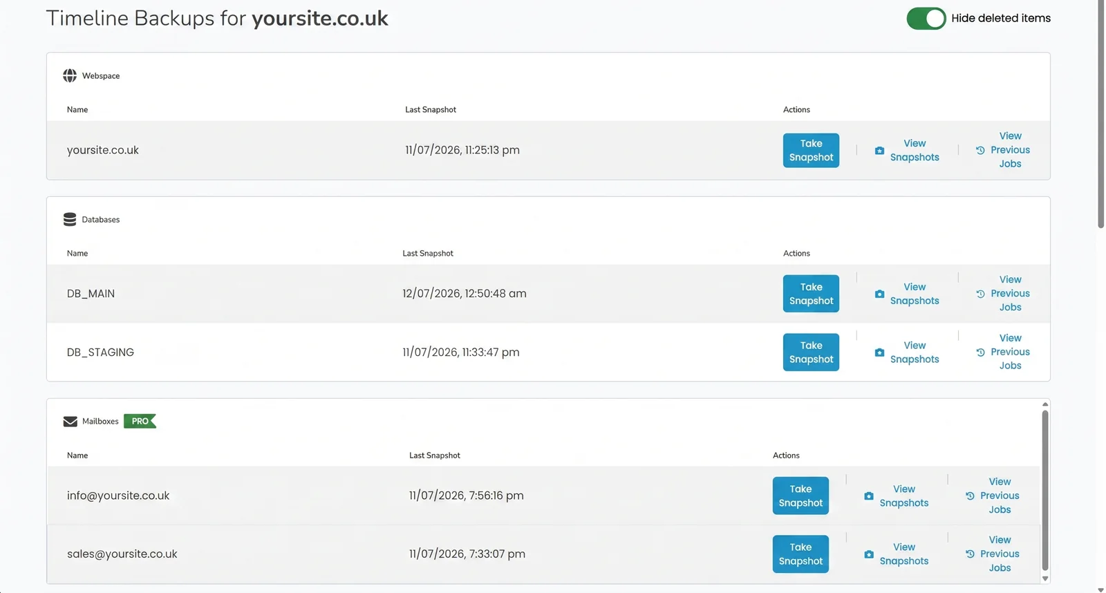 The Timeline Backups screen in the My365i control panel, showing Webspace, Databases and Mailboxes sections, each with a last-snapshot time and Take Snapshot, View Snapshots and View Previous Jobs actions