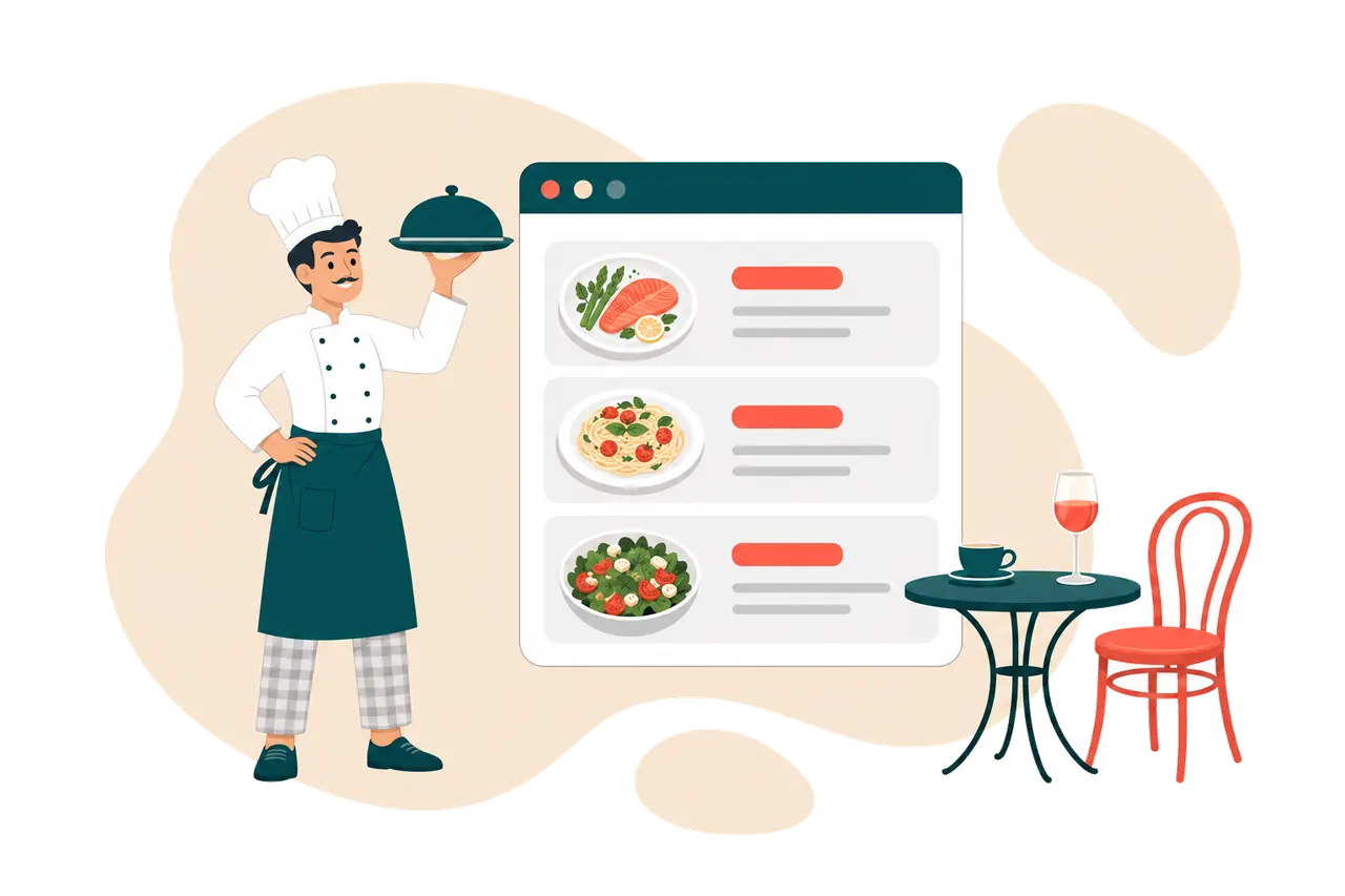 A chef holding up a serving plate beside a browser window showing a restaurant menu