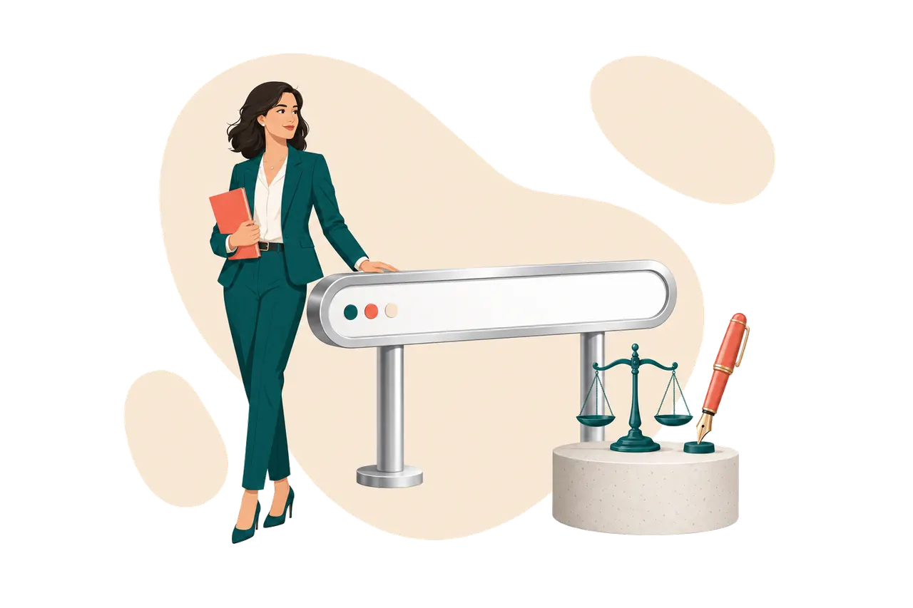 A consultant standing beside a polished nameplate shaped like a browser address bar