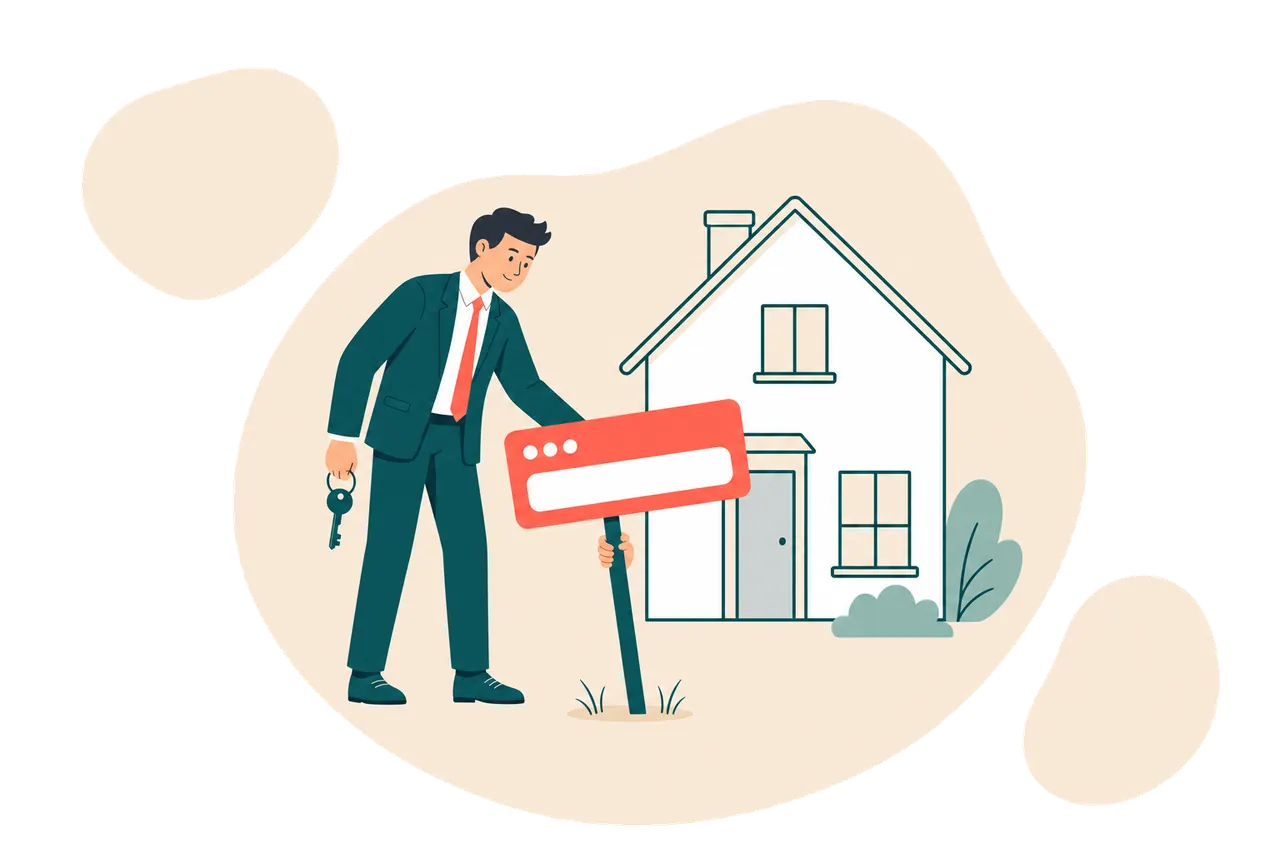 An estate agent planting a For Sale board shaped like a browser address bar outside a house