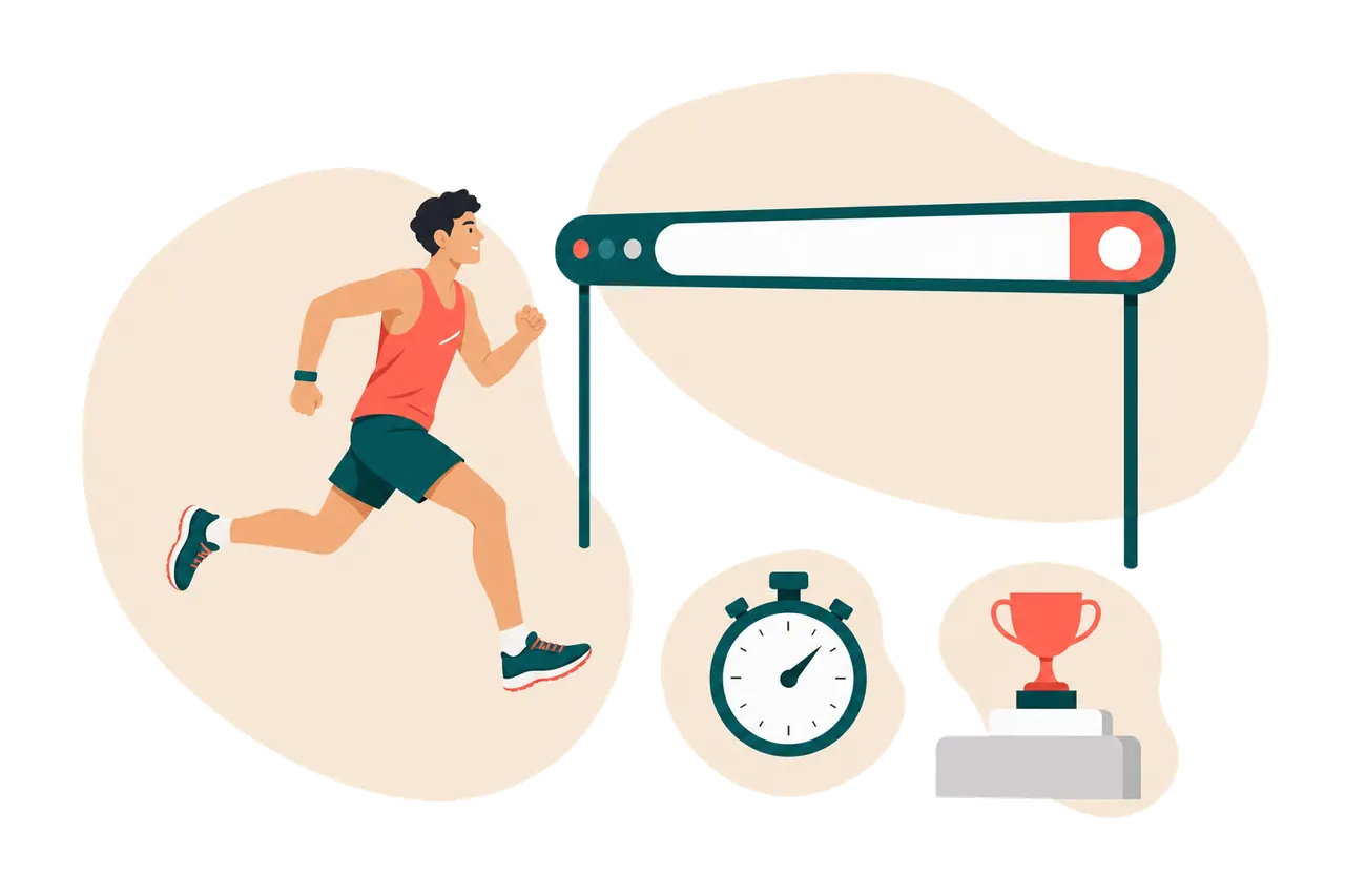 A runner crossing a finish line banner shaped like a browser address bar