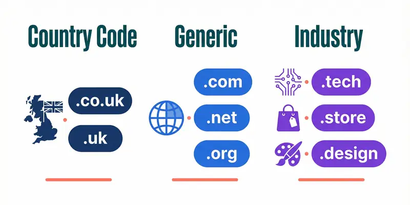 Three types of domain extensions: country code, generic, and industry-specific