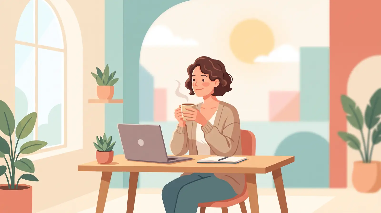 A small business owner sitting at a sunlit desk with her laptop closed, holding a mug
