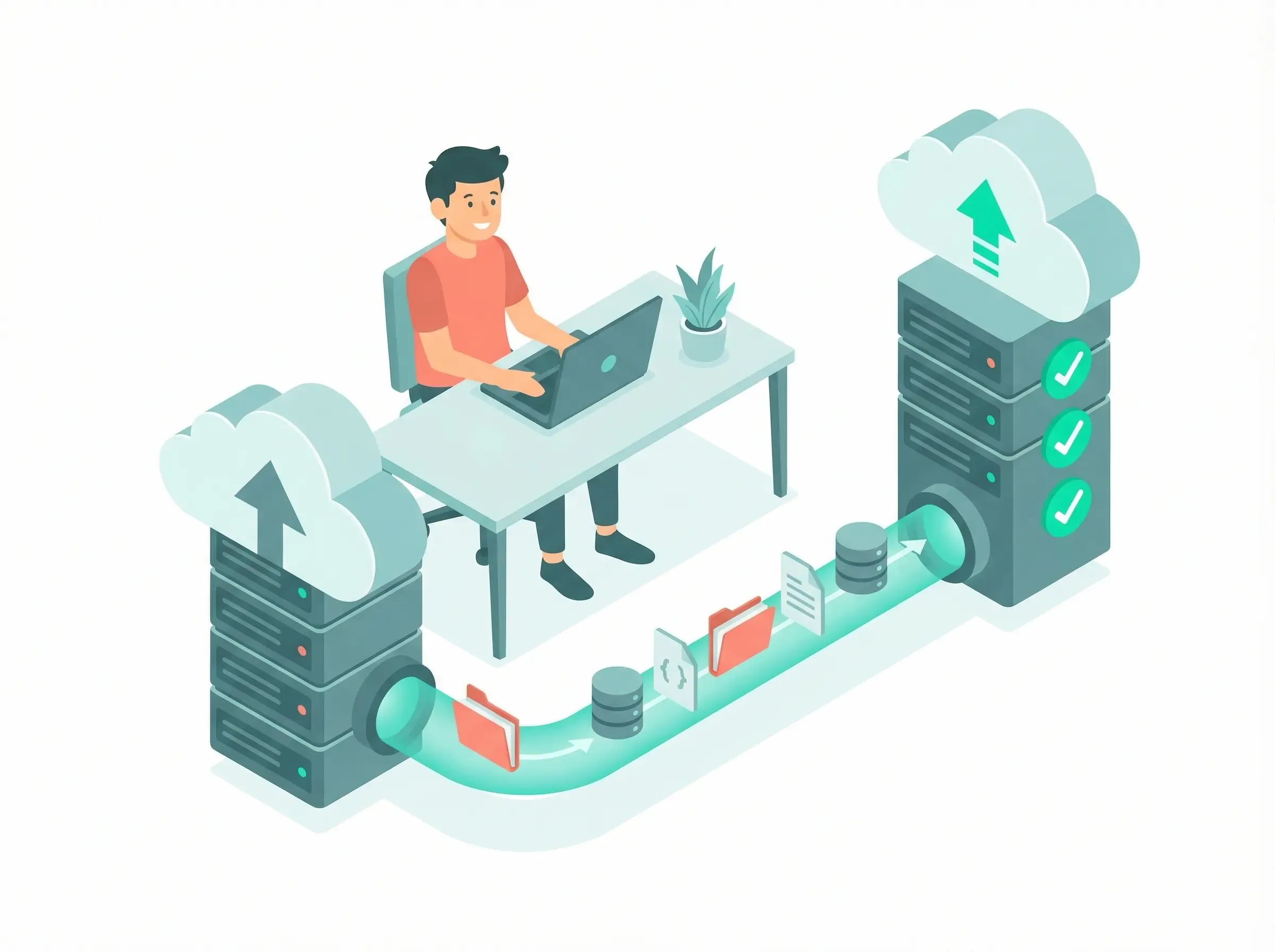 Files, databases, and emails flowing smoothly between servers through an automated migration pipeline with green checkmarks