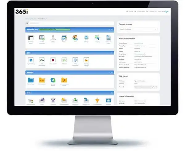 My365i control panel showing WordPress tools, CDN settings, and file management