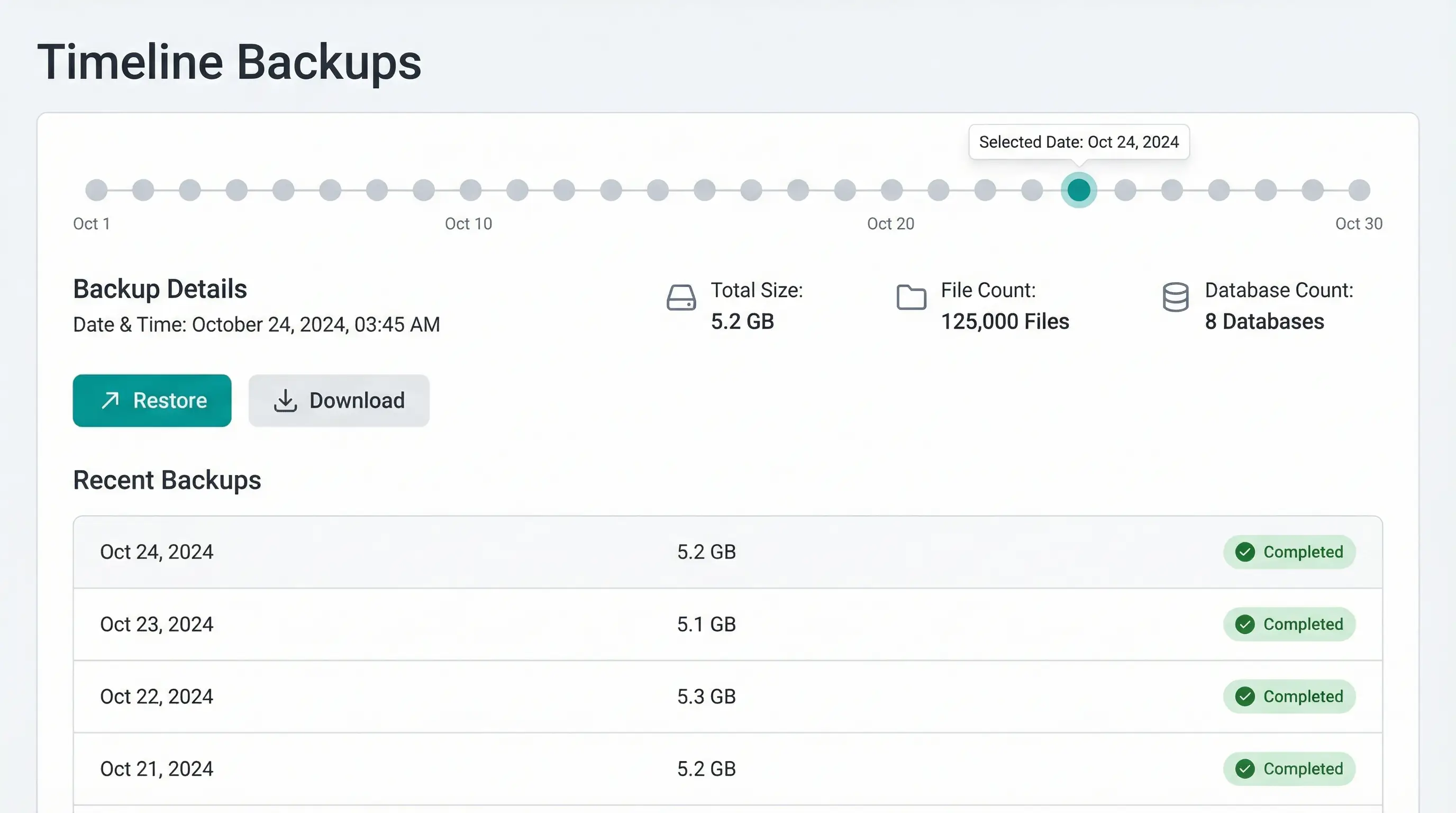 Timeline Backups &amp; Restore, My365i control panel