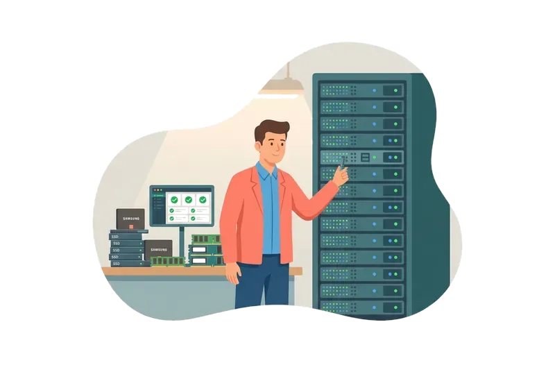 Enterprise server hardware: Intel Xeon processor, Samsung SSD RAID array, DDR4 RAM, and network connectivity