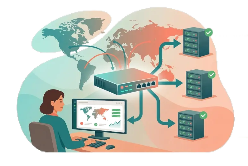 Global load balancer distributing traffic across multiple servers with health monitoring dashboard