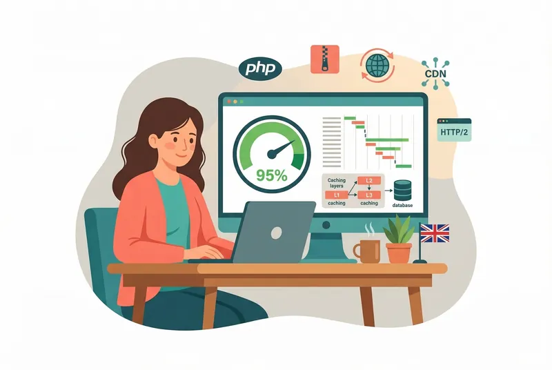 Layered speed optimisation stack: PHP-FPM, OPcache, HTTP/2, Brotli compression, CDN caching