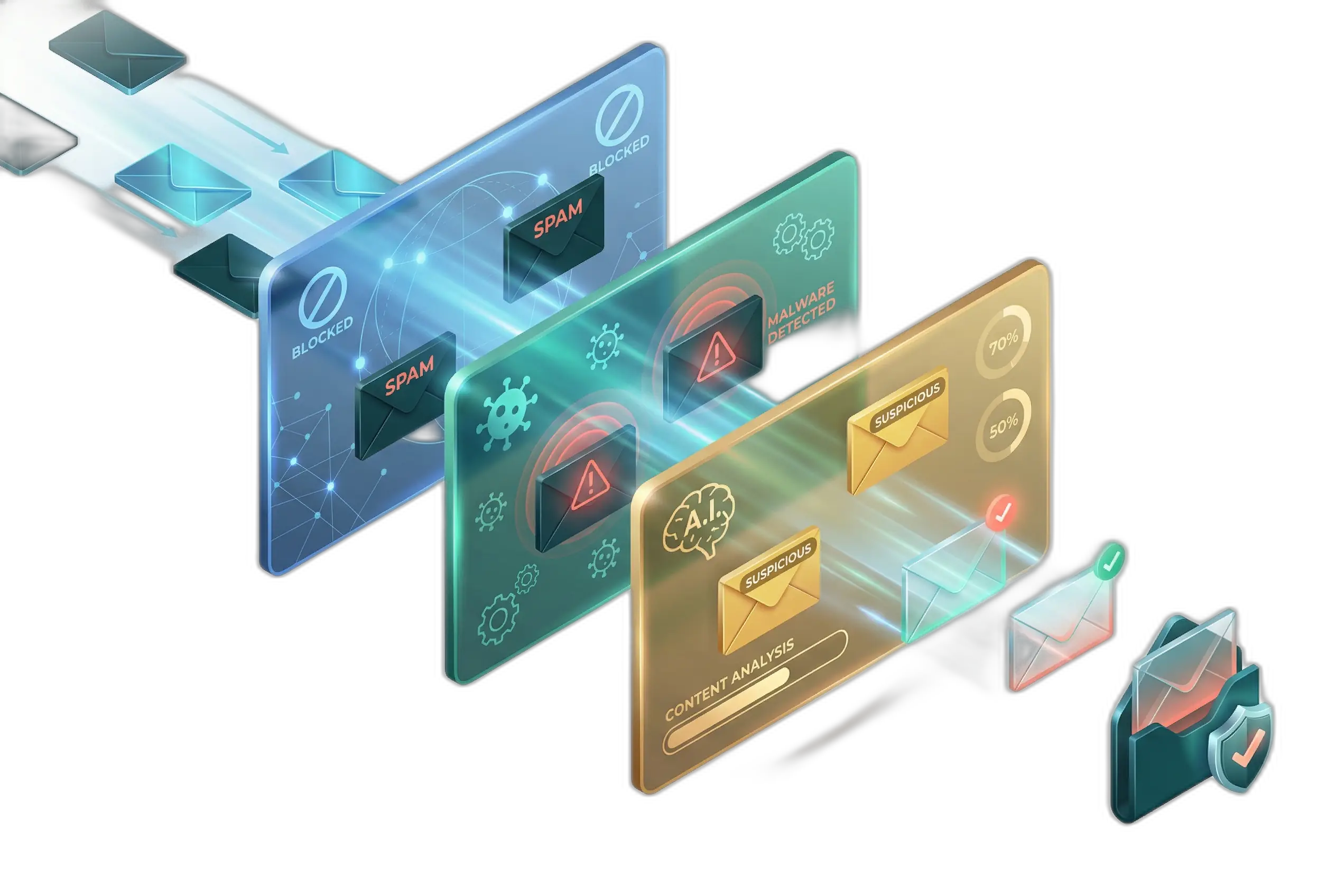 Three-tier email scanning: network blacklist filtering, antivirus scanning, and content analysis