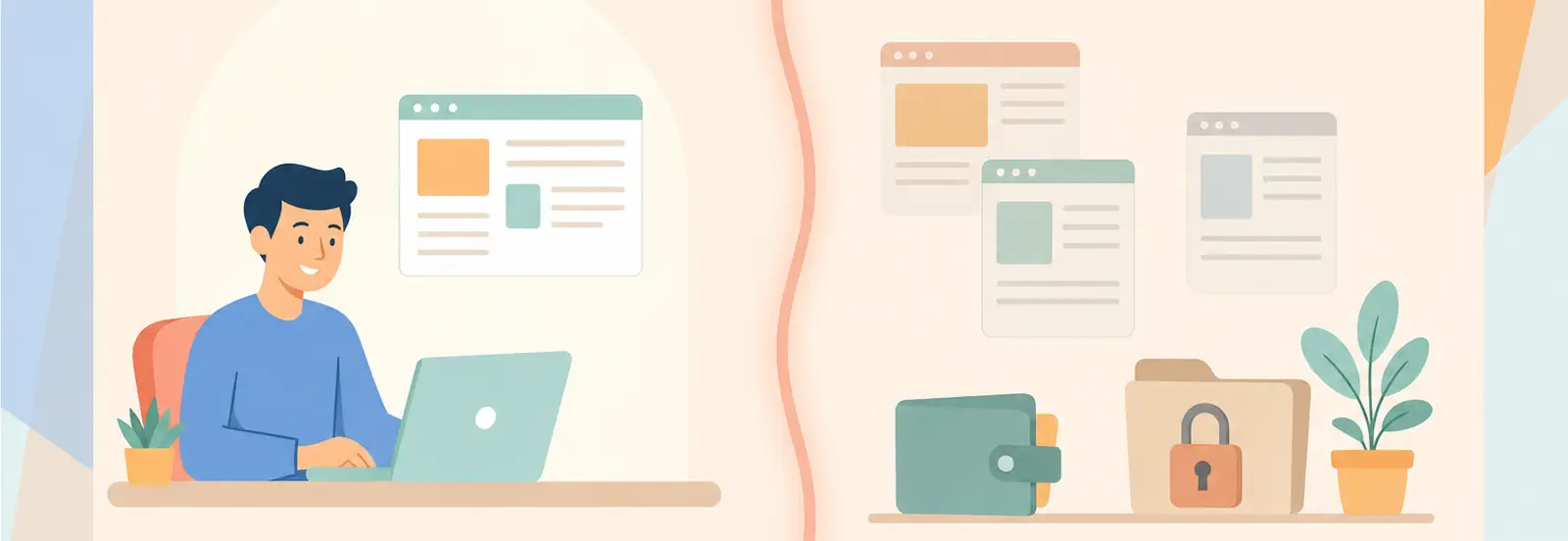 A developer working on the one website they have been given, with the customer's other sites, wallet and locked folder sitting closed off on the other side of a divider