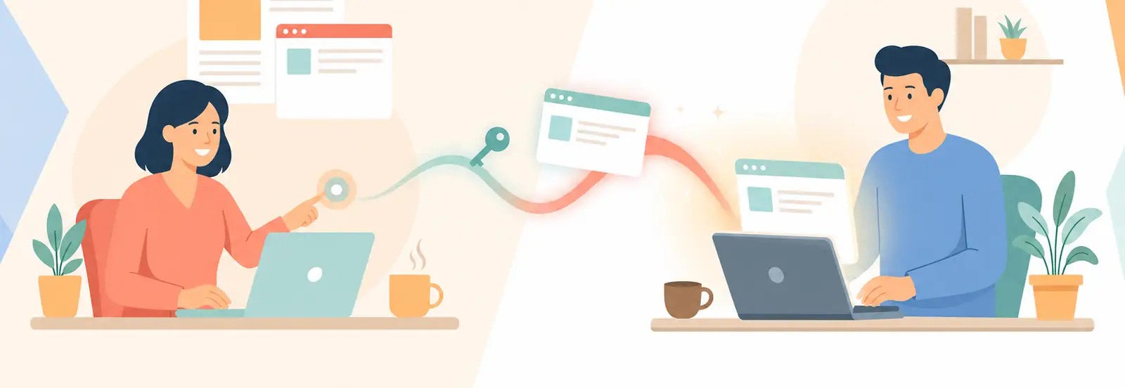 A business owner at a laptop turning a key to grant access, and the single website travelling across to a web developer at their own desk