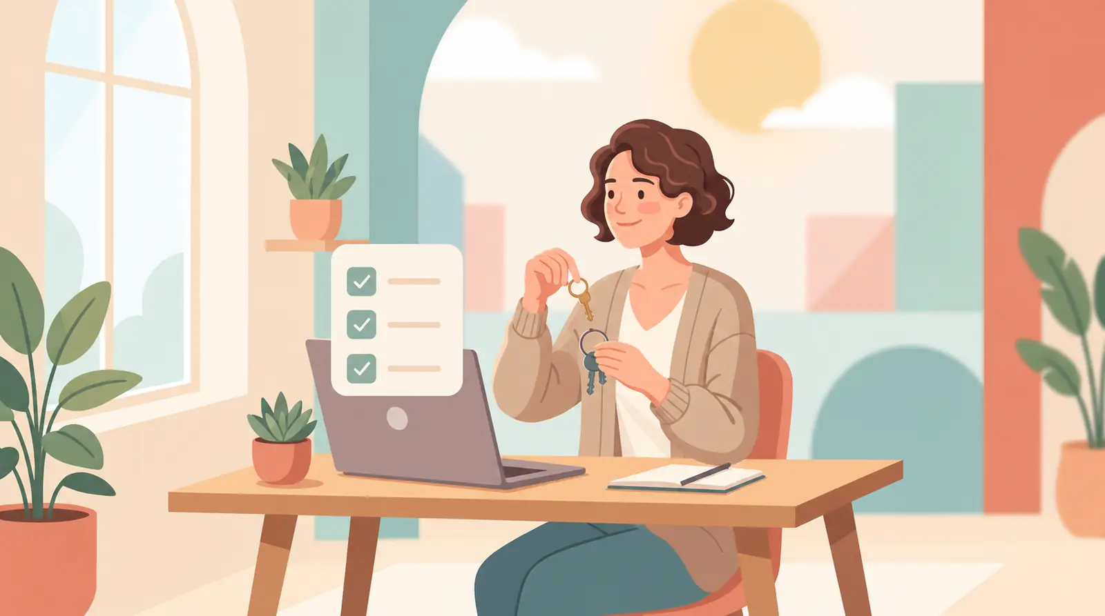 A business owner at their desk with a finished checklist, lifting a key back onto their own keyring after the work is done