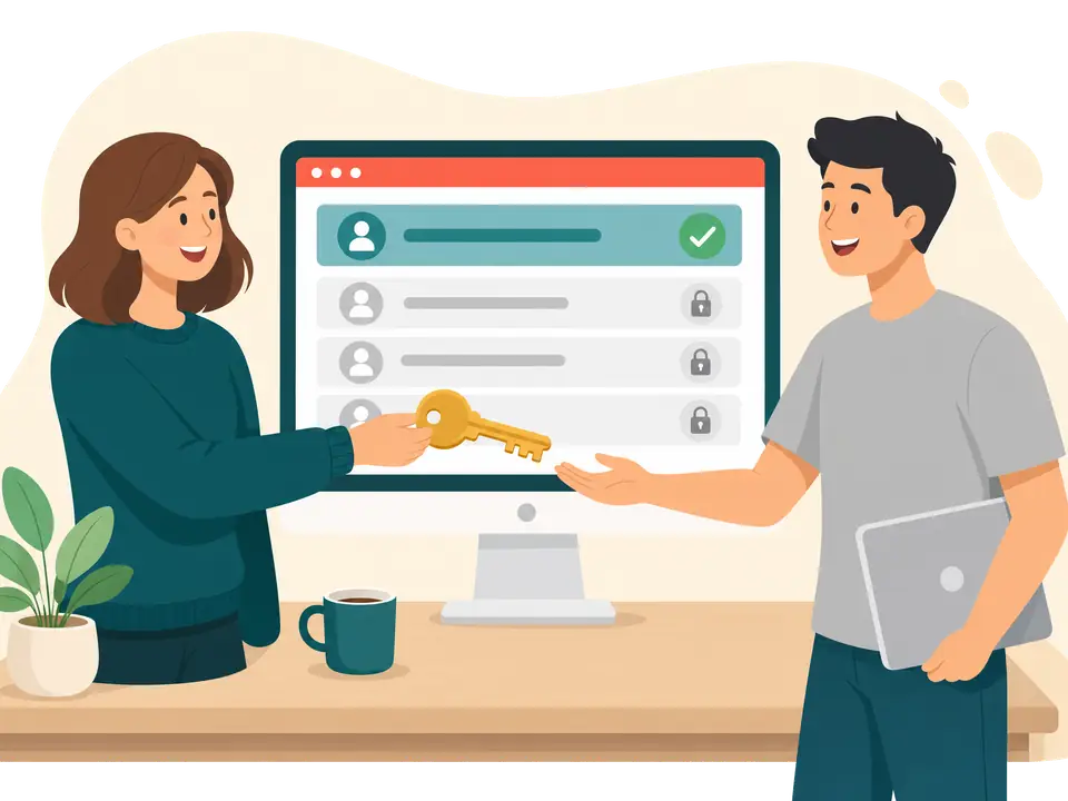 A website owner handing a key to their web developer, beside a screen showing one website open to them and the rest locked