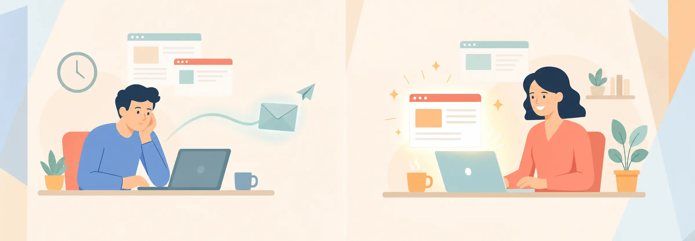 On the left, someone waiting at a dim laptop for an unopened invitation email to arrive. On the right, someone whose laptop has already lit up with the website they were given