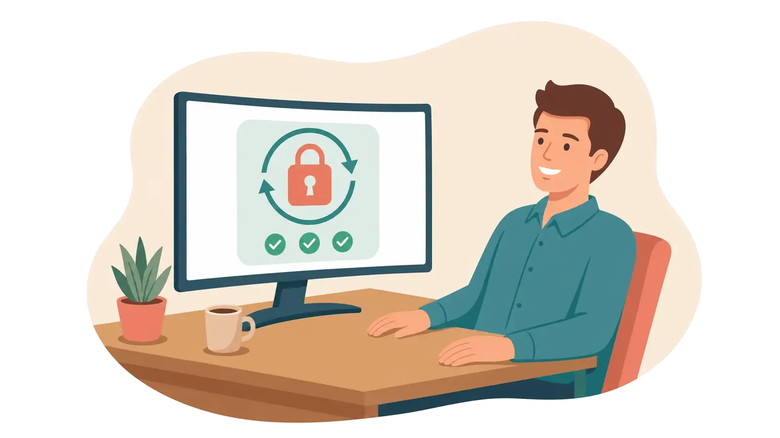 Illustration of a site owner at his desk watching a padlock renew itself on a loop, with no action needed from him