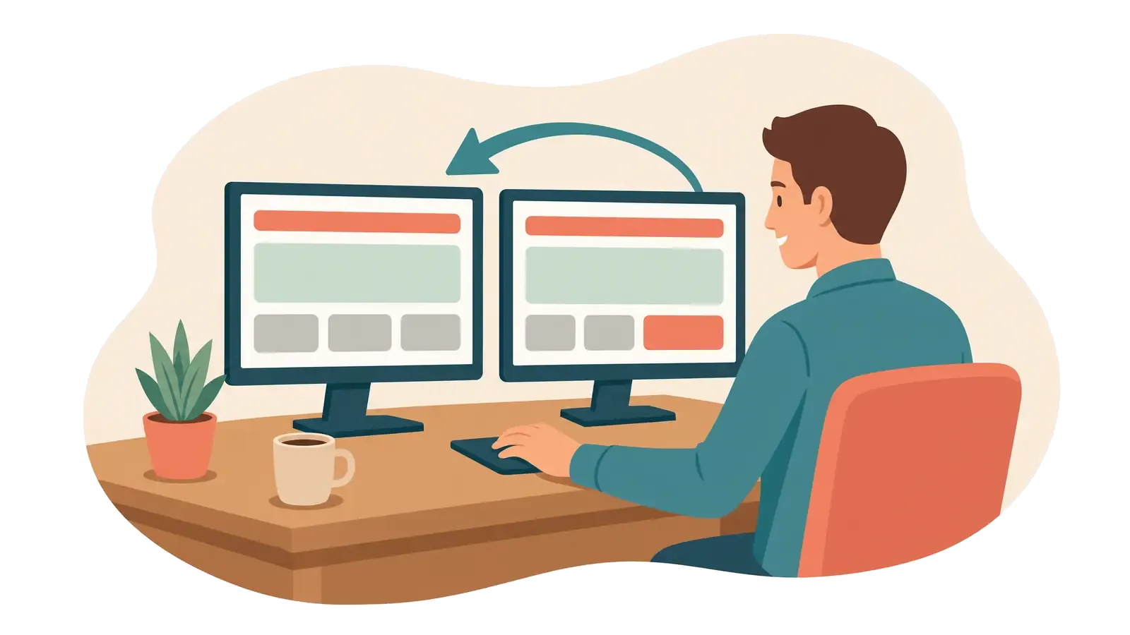 Illustration of a developer comparing a live site and its staging copy on two monitors, with an arrow pushing the changed staging version back over the live one