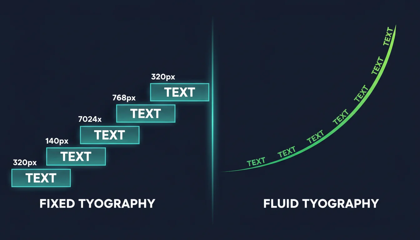 Side-by-side comparison showing fixed typography with staircase jumps versus fluid typography with smooth continuous scaling across viewport widths