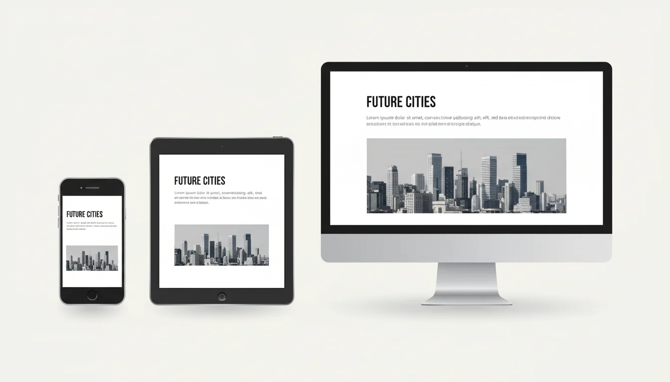 Three device mockups showing the same webpage at mobile, tablet, and desktop sizes with fluid typography scaling smoothly across all viewports