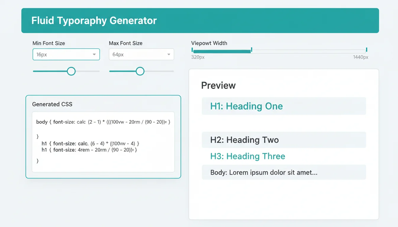 Screenshot of the Font-size Clamp Generator tool interface showing minimum and maximum size inputs, viewport range sliders, and generated CSS output