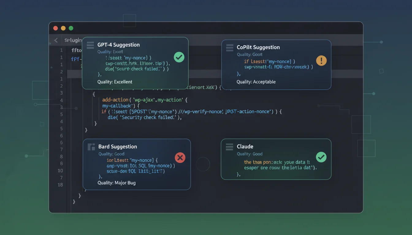 Code editor showing AI-generated code with quality ratings for each AI tool