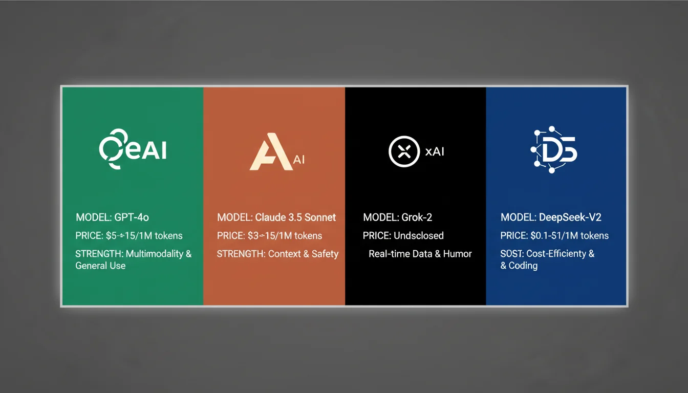 Four AI platform logos with key characteristics listed beneath each