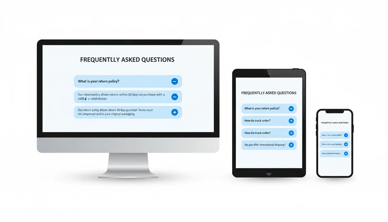FAQ accordion displayed on multiple device sizes showing responsive layout from desktop to mobile