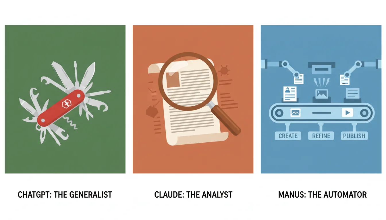Three panels showing different AI interaction styles: conversational chat, deep analysis, and automated workflows