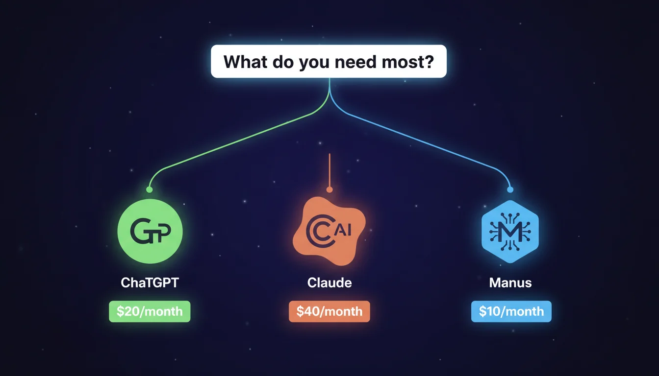 Decision flowchart showing which AI tool to choose based on primary business need