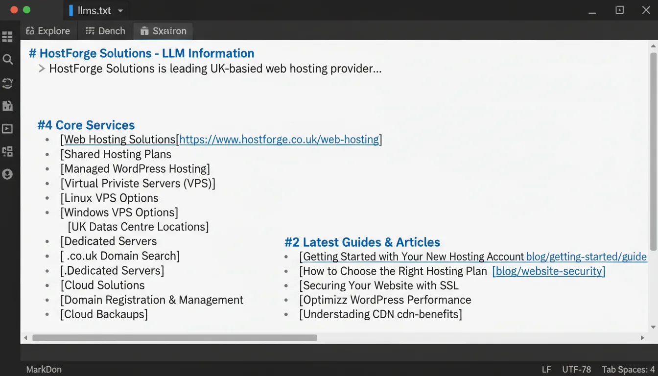 Code editor showing a well-structured llms.txt file for a UK web hosting company with clear sections and descriptions