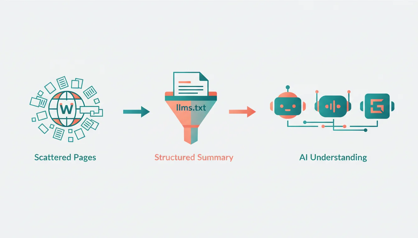 Diagram showing how AI systems read an llms.txt file to understand a business, compared to crawling individual web pages