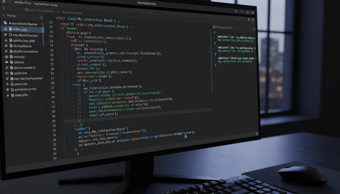Code editor showing WordPress 6.9 Abilities API registration with Interactivity API examples and performance optimisation code