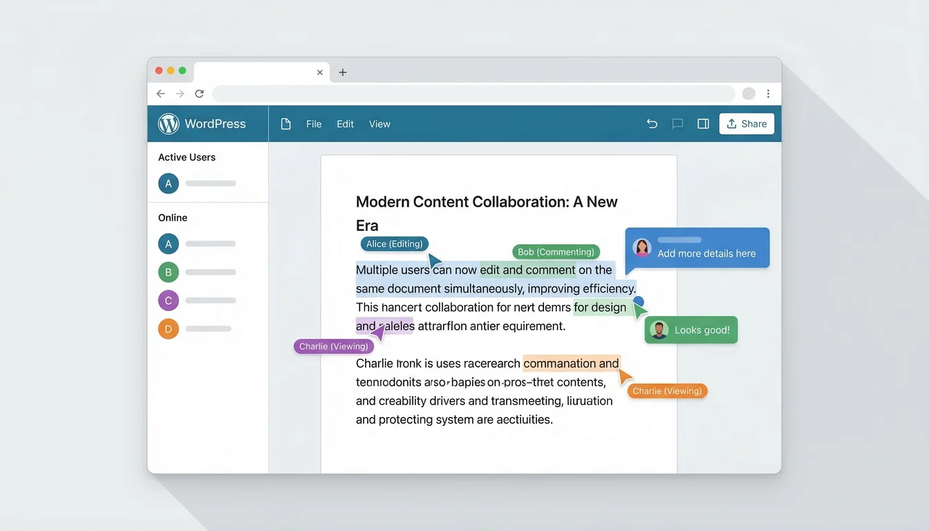 Illustration showing multiple users collaborating on a WordPress post with real-time cursors and inline comments