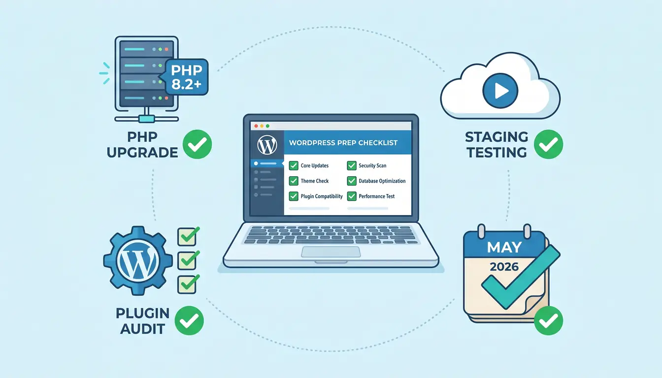 Checklist illustration showing WordPress site preparation steps including PHP updates, plugin audits, and staging tests