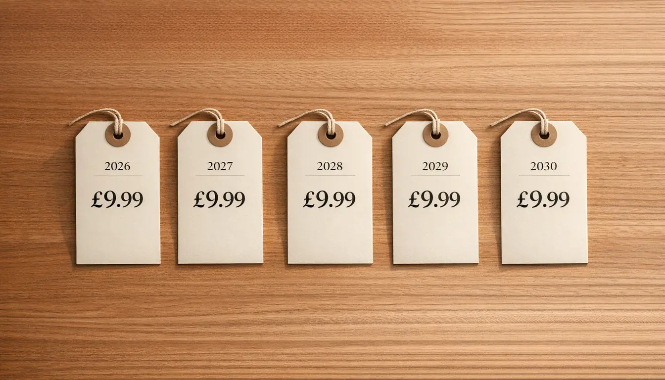 Editorial still life of five identical price tags in a neat row, each stamped with a different year from 2026 to 2030 and the same price