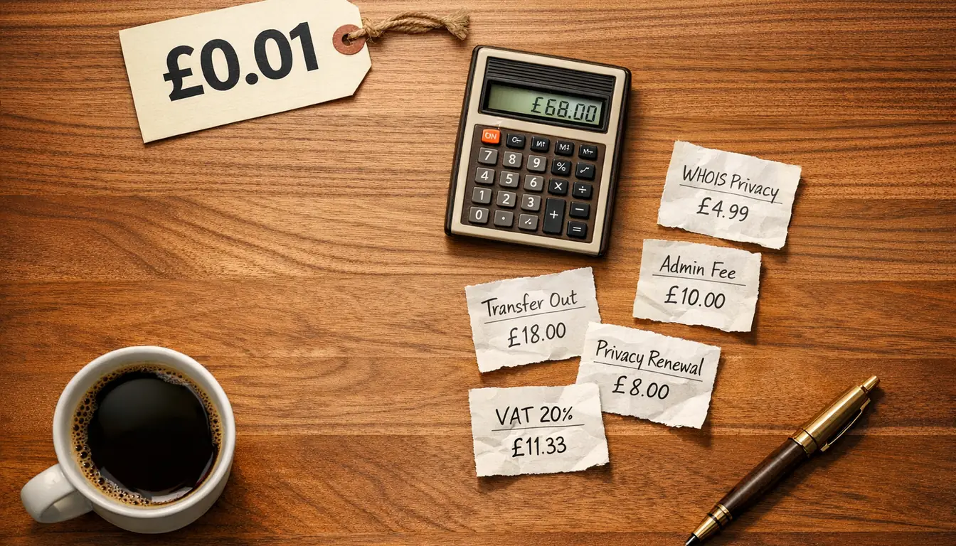 Iceberg-inspired editorial photograph showing a small visible price tag above, with multiple hidden fee labels shown below: privacy, DNS, admin fee, transfer out, VAT