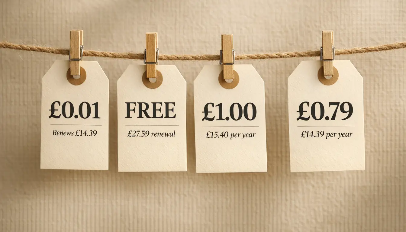 Editorial photograph of several paper price tags hanging from clips, each showing a low first-year price on top with a higher renewal price printed underneath