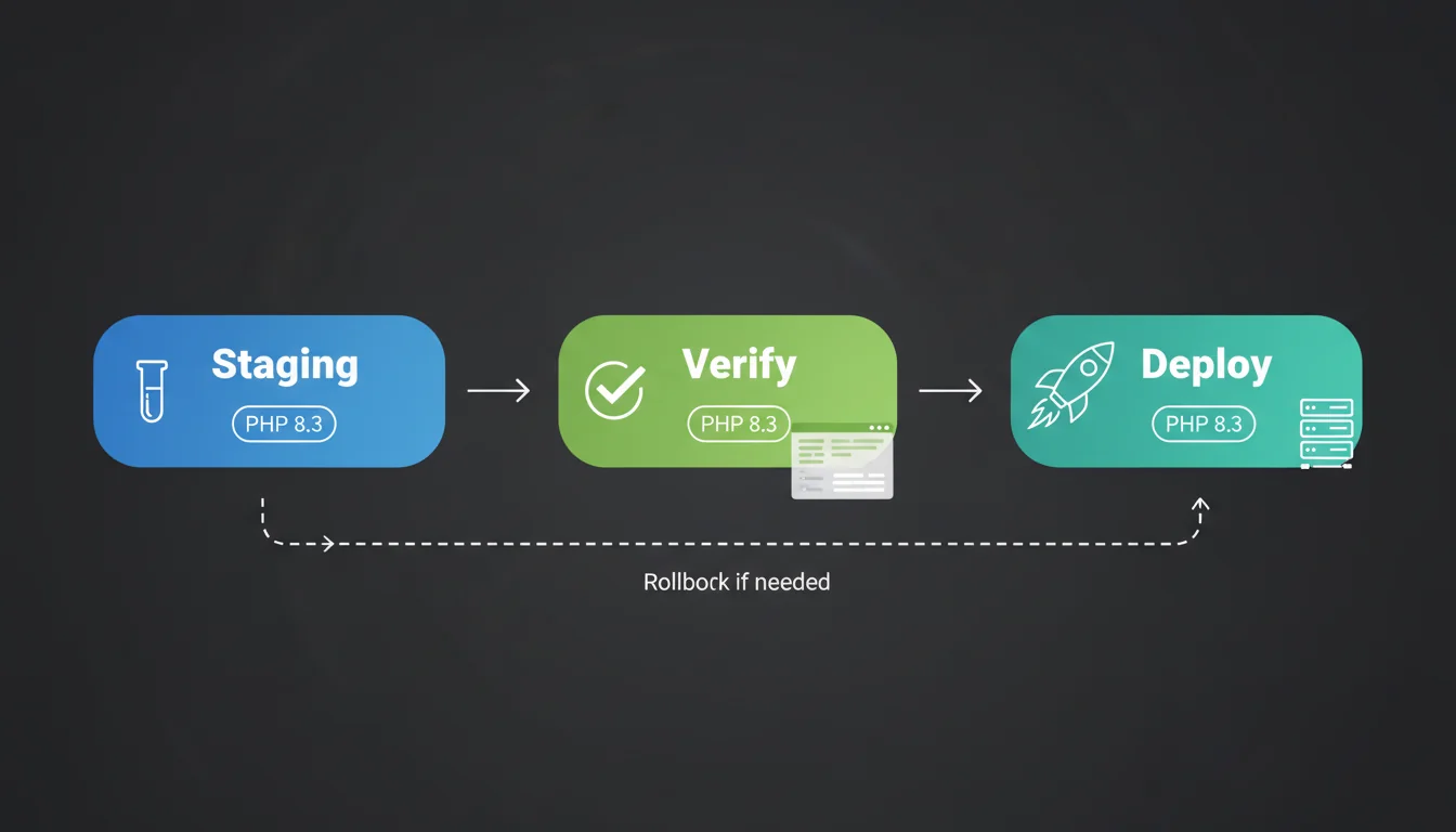 Step-by-step PHP upgrade workflow from staging test to production deployment with rollback plan