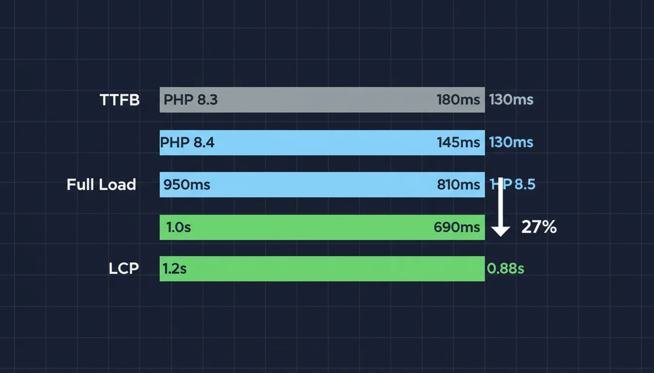 Bar chart comparing homepage TTFB across PHP 8.3, 8.4, and 8.5 versions