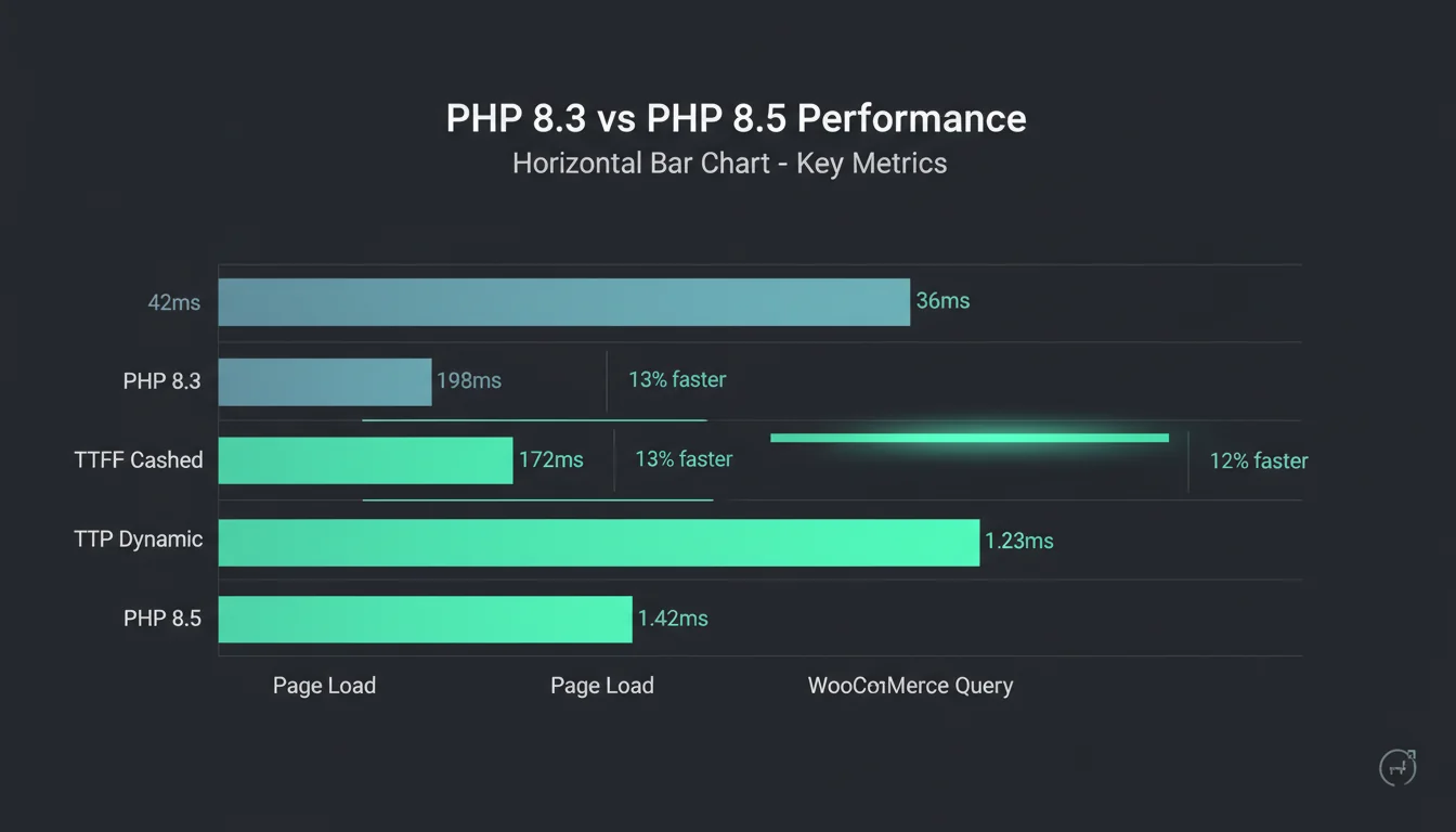 Performance comparison chart showing PHP 8.3 versus PHP 8.5 across TTFB, page load, and query times