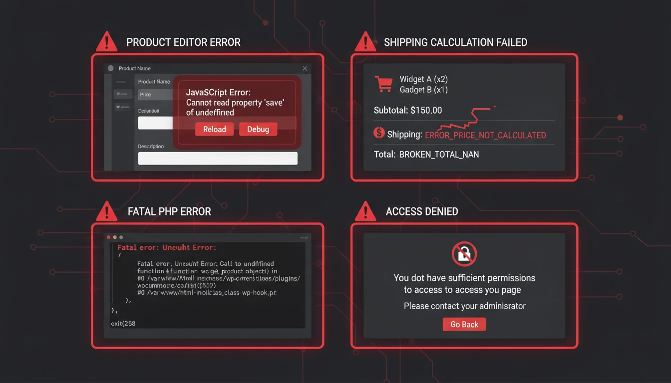 Four error message panels showing the critical WooCommerce bugs: product editor, shipping, updater, and abilities API