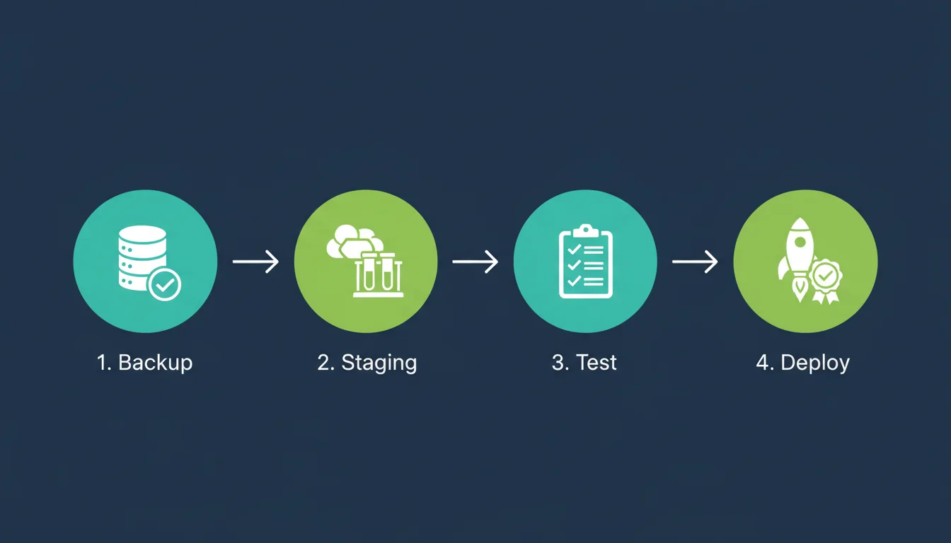 Step-by-step update workflow showing backup, staging, test, and deploy phases