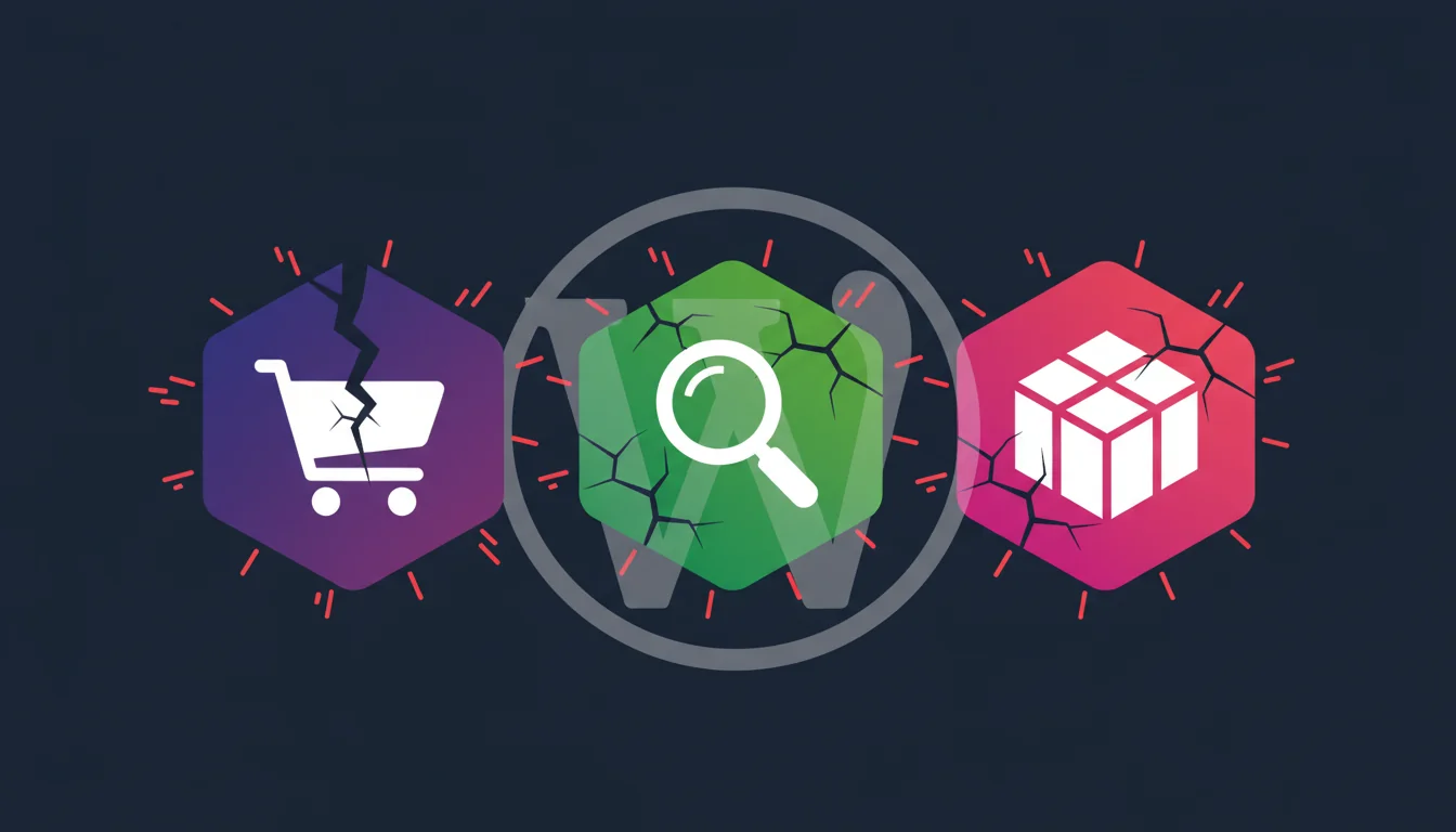 Illustration of three plugin icons showing error states against a WordPress dashboard background