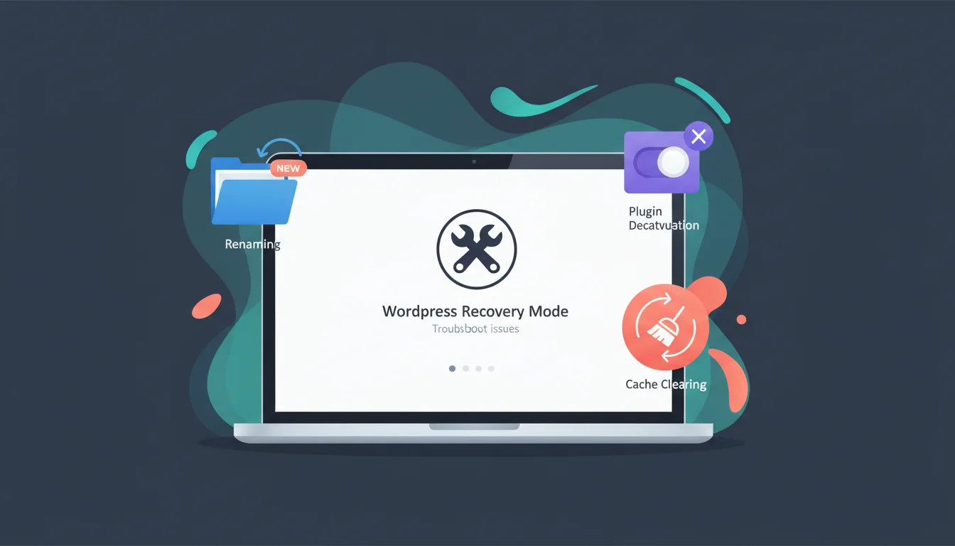 Illustration of a developer's screen showing WordPress recovery mode with diagnostic tools