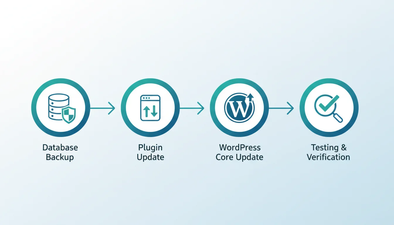 Vector illustration showing a safe WordPress update workflow with backup, staging, and testing steps