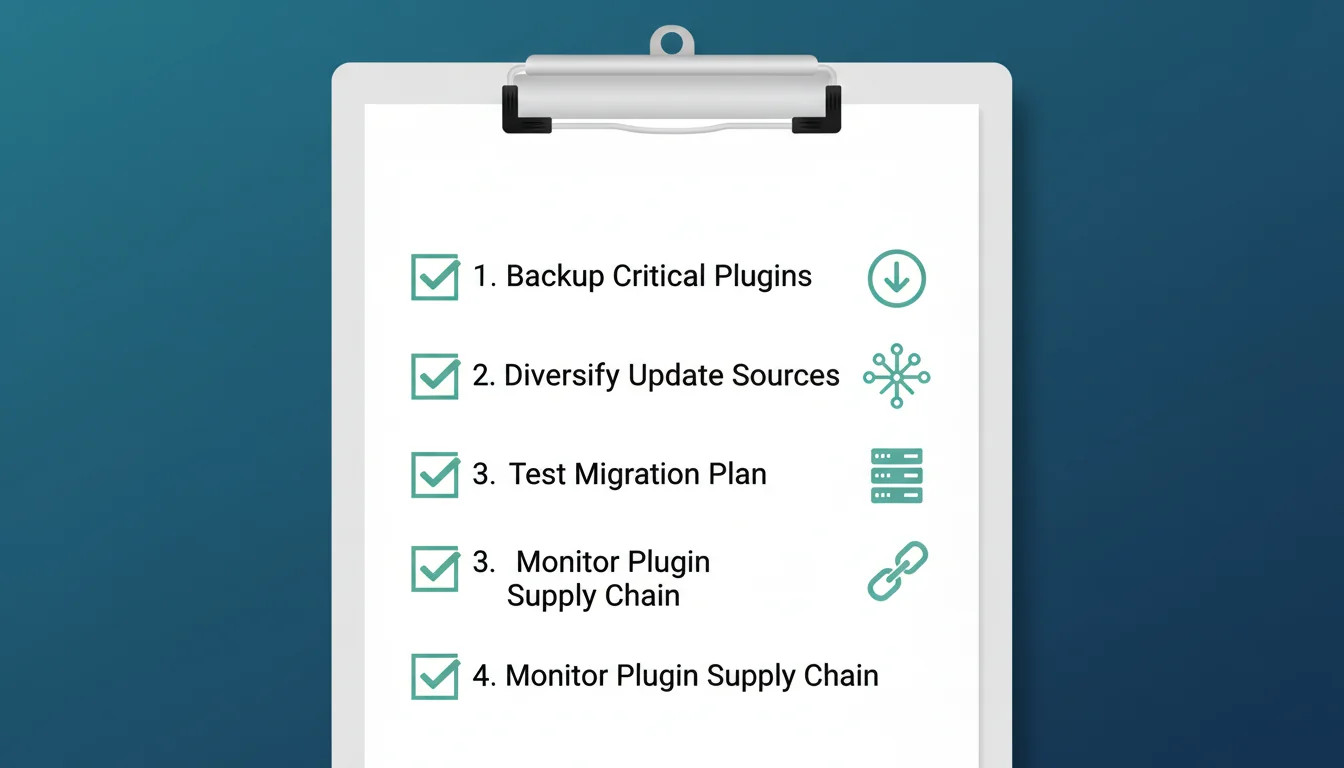 A checklist showing site protection steps: backup plugins, diversify sources, test migration, monitor supply chain