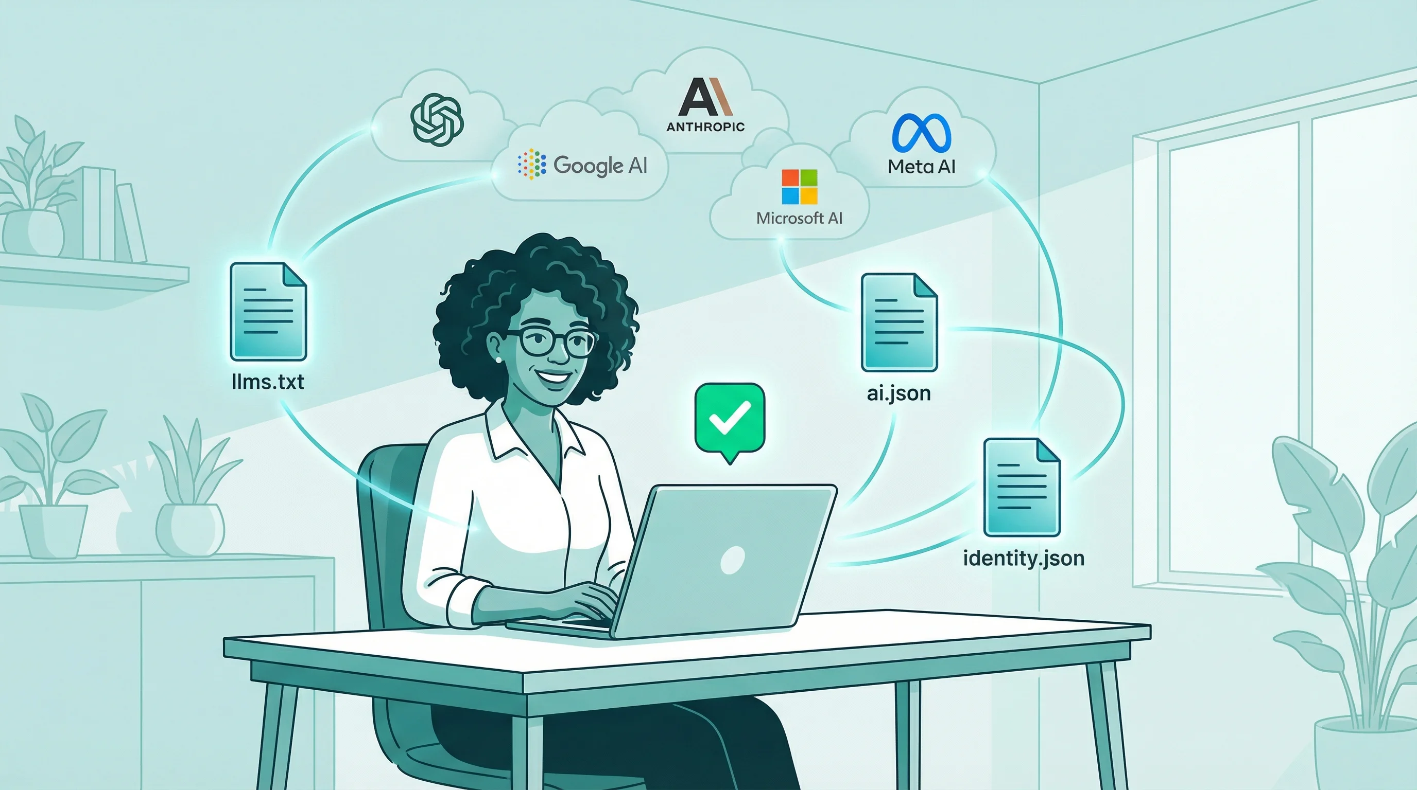 Business owner at a laptop with AI discovery file icons (llms.txt, ai.json, identity.json) floating around, connecting to AI platform logos