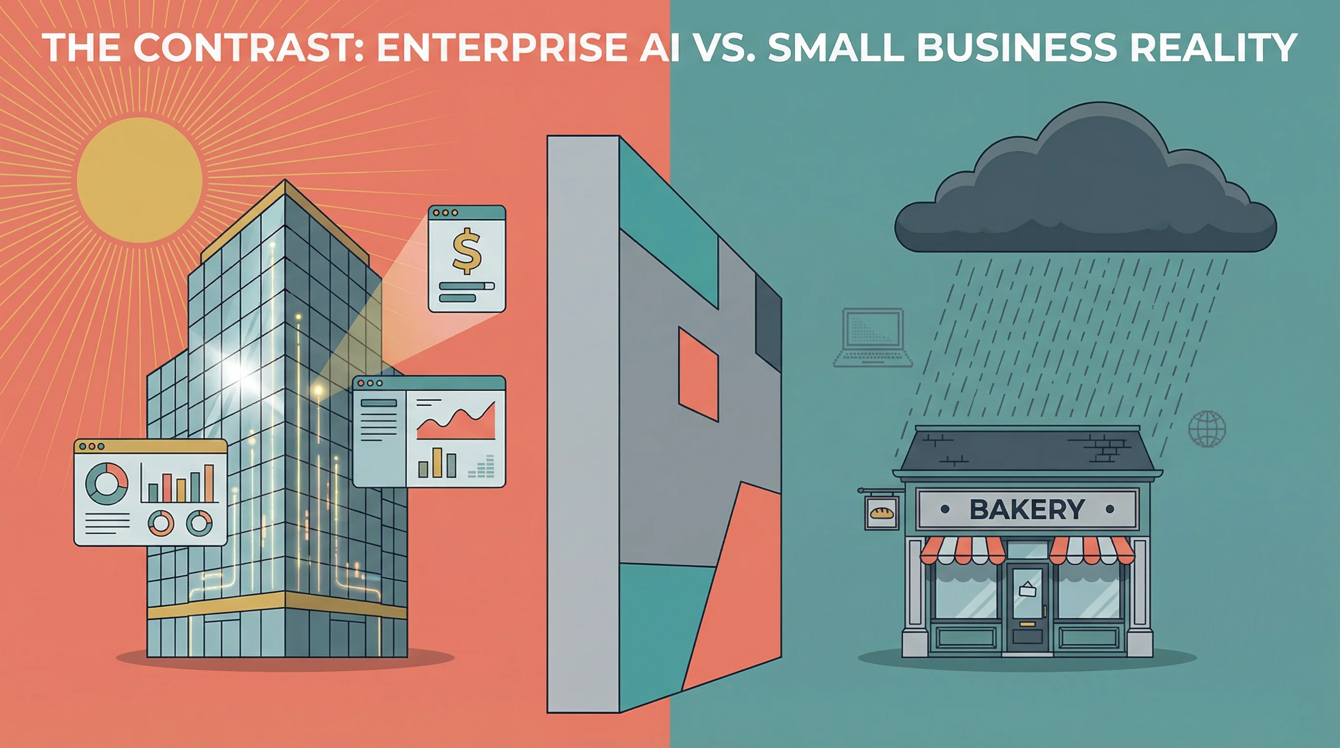 Split illustration showing a gleaming corporate tower with data dashboards on the left, and a small bakery under a rain cloud on the right, divided by a wall