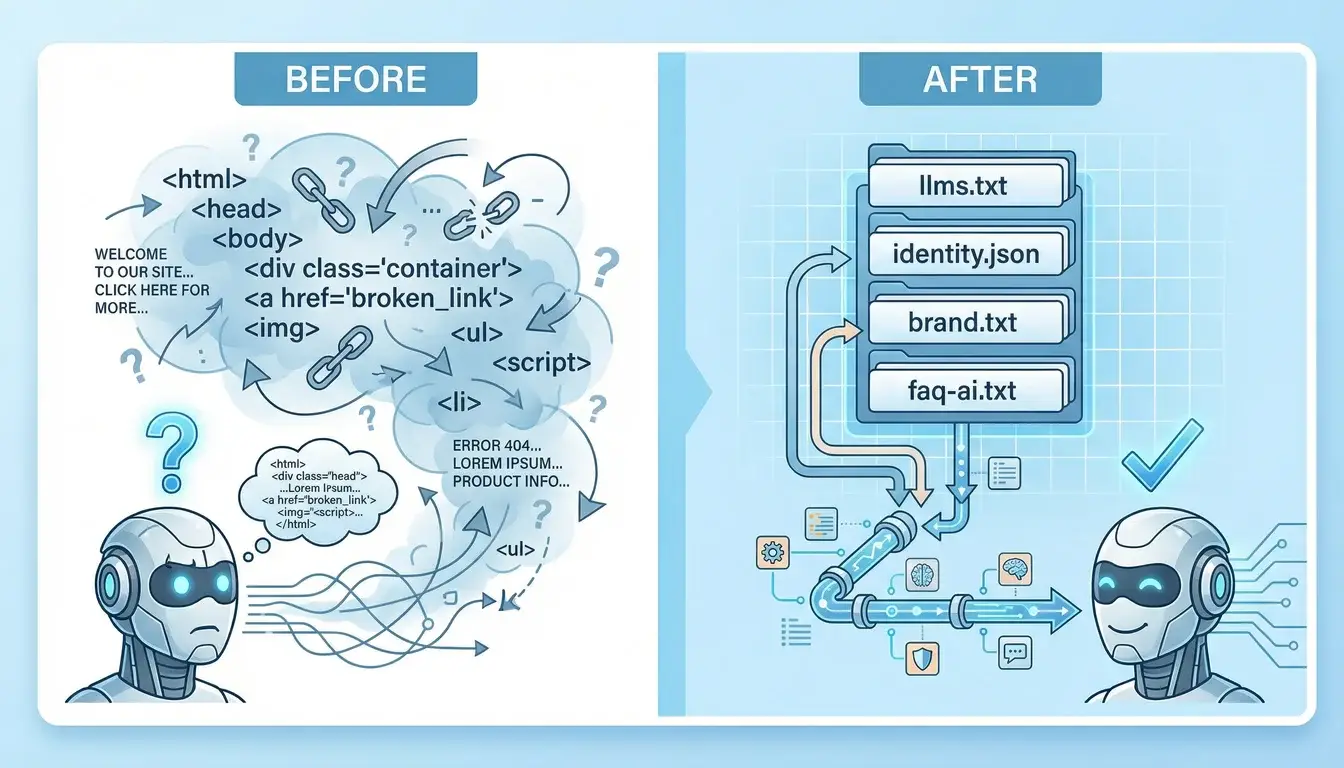 Before and after comparison showing structured AI Discovery Files data replacing raw unstructured HTML